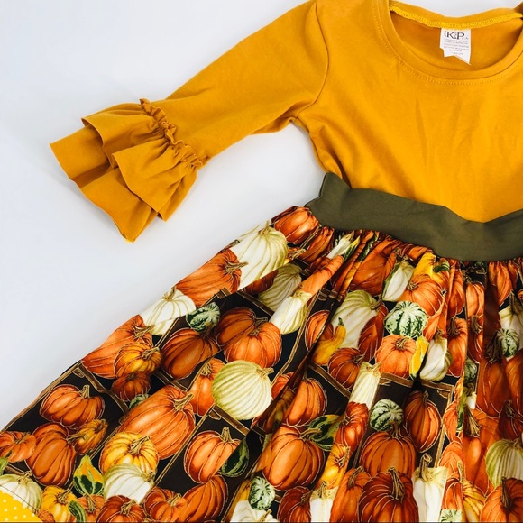 NEW KPea Original Pumpkin Print Ruffle Sleeve Thanksgiving Fall Holiday Dress - Picture 3 of 10